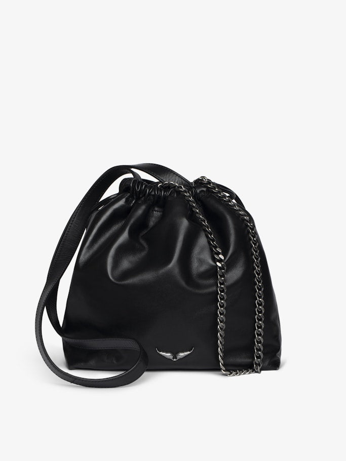Black drawstring bag with a chain detail on a white background